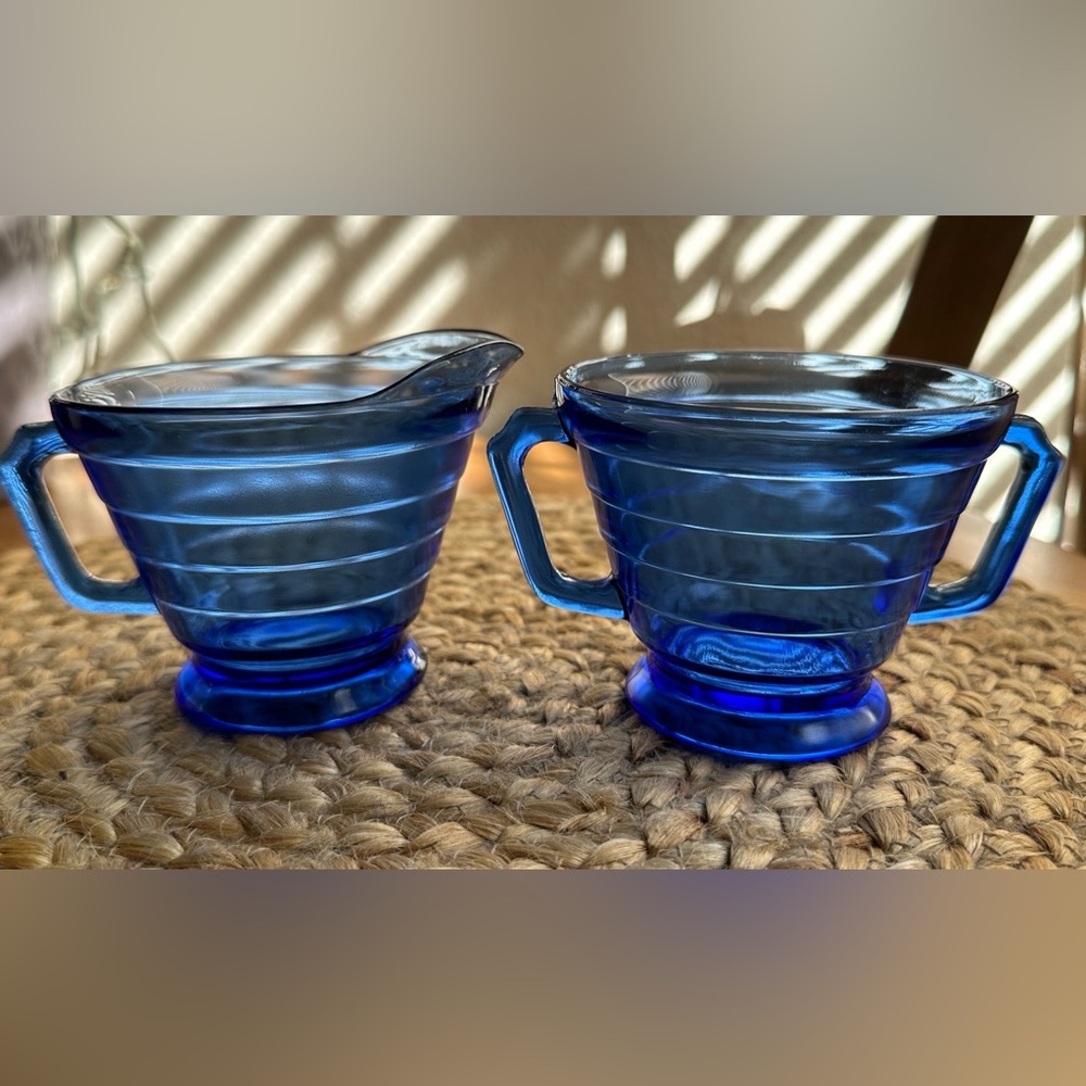 Hazel Atlas Cobalt Ritz Blue Glass Moderntone Creamer and Sugar Set Art Deco